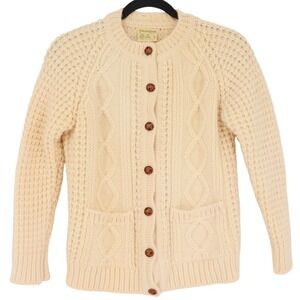 Falcarragh Ireland Pure New Wool Aran Cable Knit Cardigan Sweater Cream Womens S